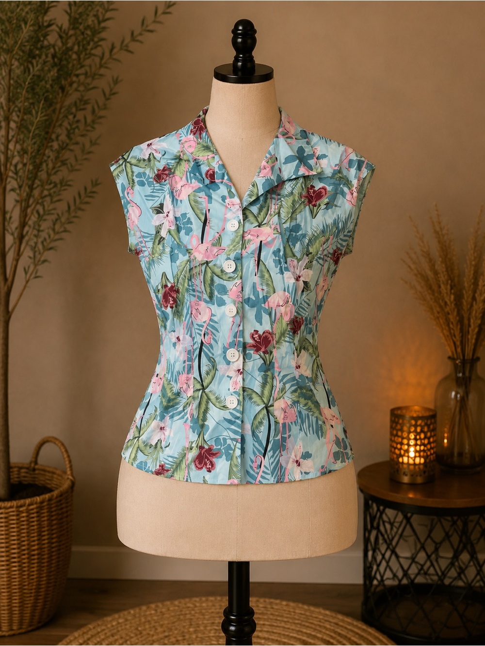 Hell Bunny Vixen Floral Button-Front Cap Sleeve Shirt in Aqua